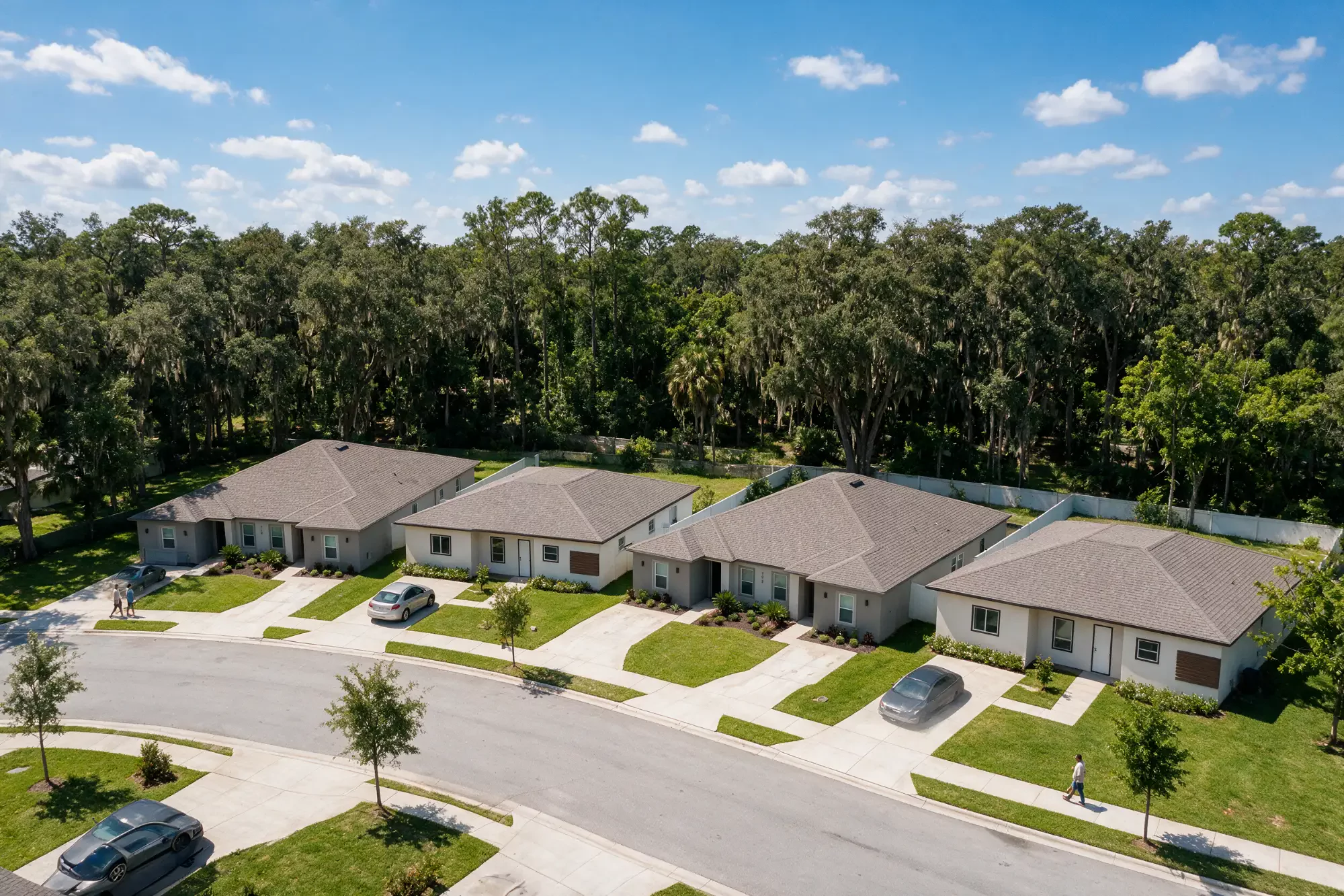 Aerial view of the development over the bend in the street: four single-story homes in a row with grey hip roofs, each with its own concrete driveway and lawn, and young trees along the sidewalk. Two cars parked in the driveways, two people walking on the left-hand sidewalk and another on the right. Behind the homes, white fences and dense woodland; above, blue sky with small clouds.