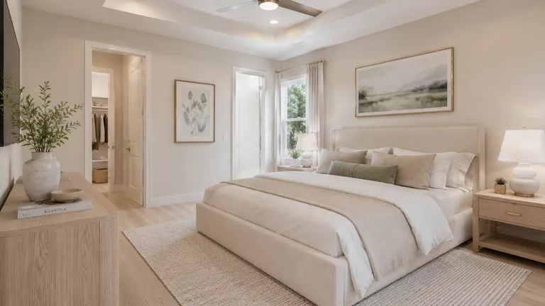 Dormitorio principal con techo rehundido y cama king; a la izquierda, la puerta abierta al vestidor y la del baño propio.