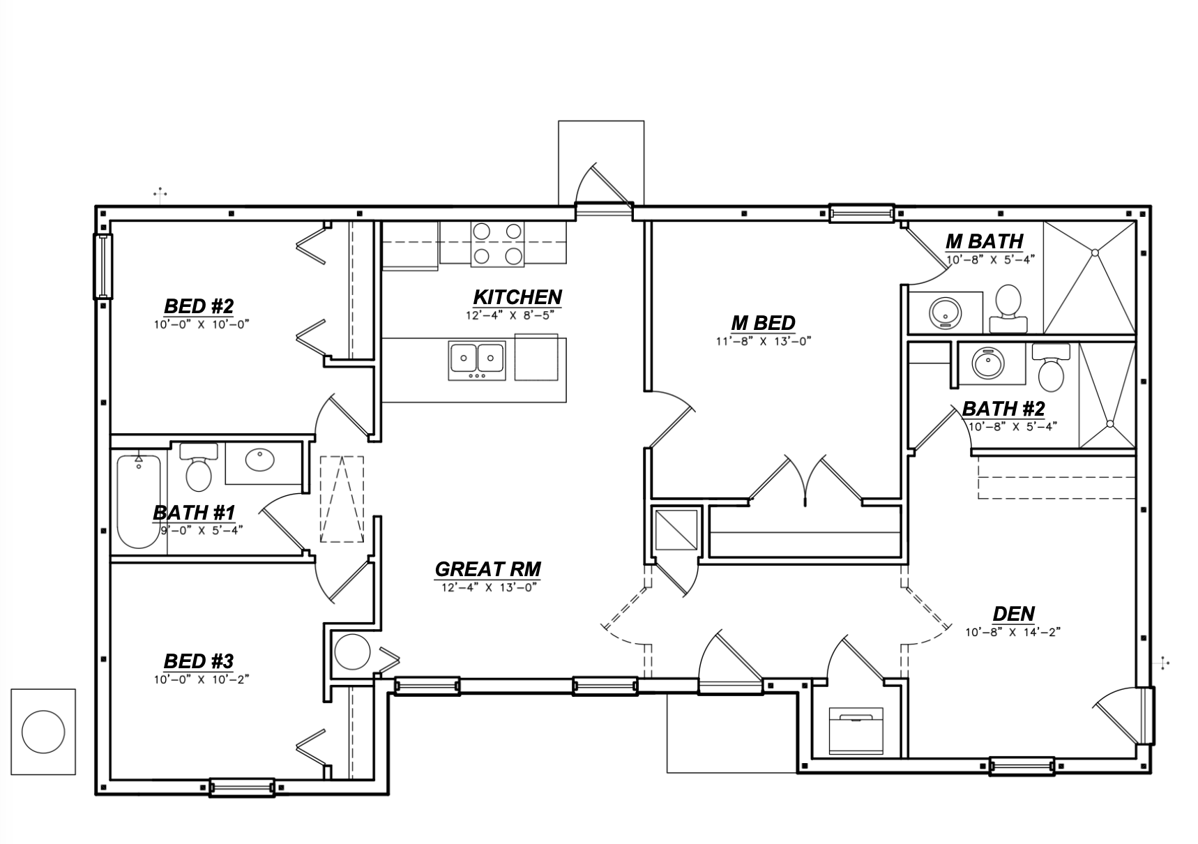 Floor plan of the Single Family Home: a great room of 12'4" x 13'0" at the center, open to the kitchen of 12'4" x 8'5". On one side, the primary bedroom of 11'8" x 13'0" with its own bathroom of 10'8" x 5'4" and a second bathroom of the same size; on the other, two bedrooms of 10'0" and a full bathroom of 9'0" x 5'4". At the back, a den of 10'8" x 14'2". A single story.