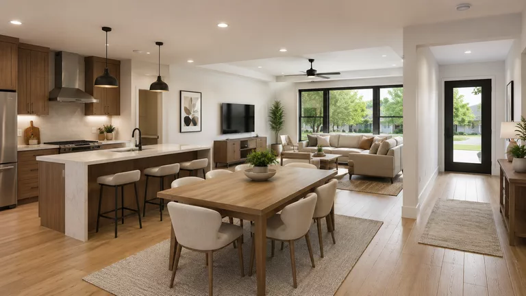 The great room seen from the kitchen: a dining table for six, an L-shaped sofa at the back facing a run of windows onto the yard, and the entry hall on the right with the front door open to the street.