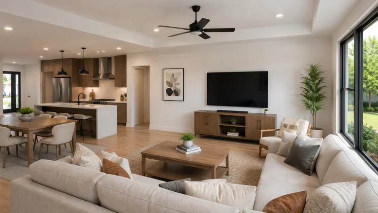 The living room from the other end: L-shaped sofa, low wooden table, media console under the screen and, at the back, the kitchen island and the dining table.