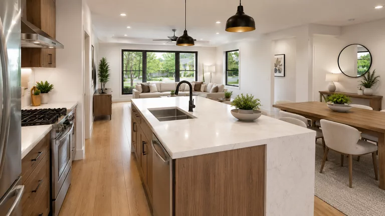 Kitchen with a white quartz island and integrated sink, wood cabinets, a hood and stainless appliances, open to the dining area on the right and the living room at the back.