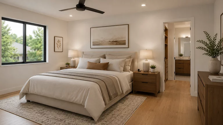 Primary bedroom with a king bed, a window onto the yard and, at the back, the open door to the walk-in closet and its own bathroom.