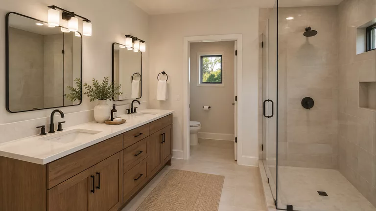 Primary bathroom with a double sink on a wood vanity, two mirrors, a tiled shower with a glass panel and the toilet in its own compartment with a window.
