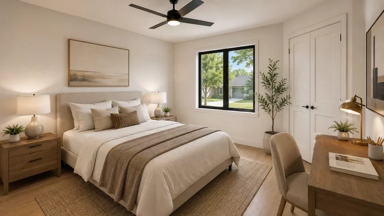 Second bedroom with a bed, a window onto the street, a closet with hinged doors and a desk against the wall.