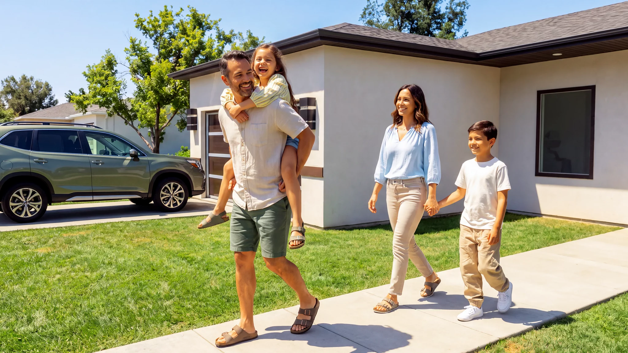 Una familia caminando por la acera frente a una vivienda de Casa Mía Homes al final de la tarde.